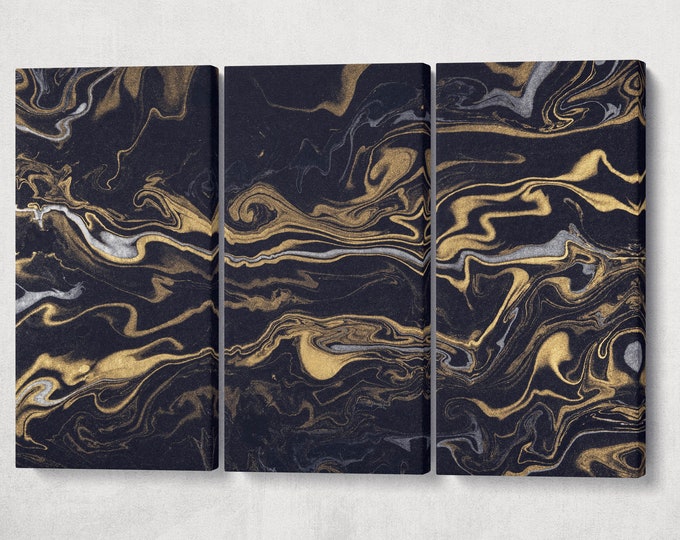 Modern Wall Art Silver and Gold on Black Background Marble Pattern Leather Print | Abstract Wall Art | Abstract Canvas | Home Decor Print