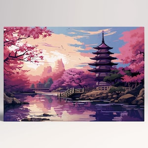 Tramonto Tra i Ciliegi Pagoda Giapponese Canvas Stampa su Tessuto Ecopelle, Made in Italy!