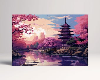 Cherry Blossom Sunset Japanese Pagoda PETA Approved Faux Leather Wall Art