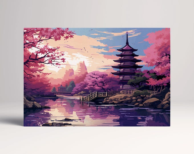 Cherry Blossom Sunset Japanese Pagoda Eco Leather Wall Art Canvas Print, Made in Italy!