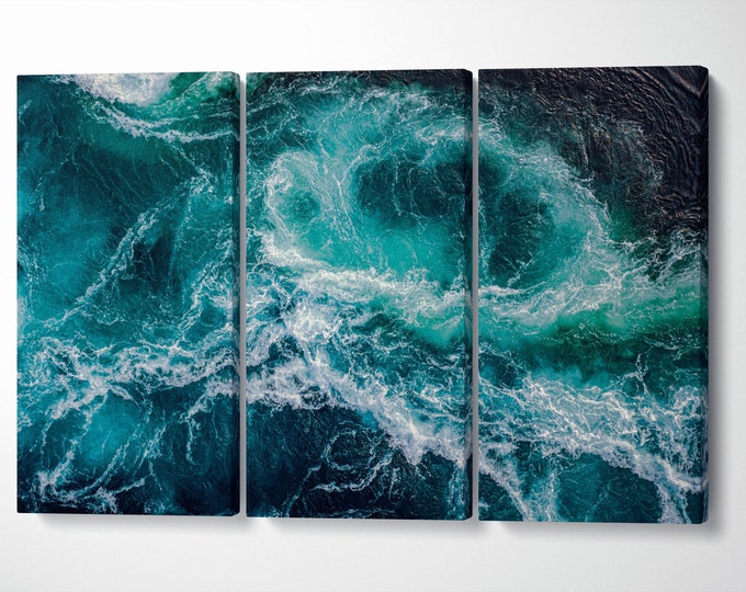 Dramatic Ocean Waves Artwork Framed Canvas Leather Print | Large wall art | Large wall decor | Made in Italy | Home decor