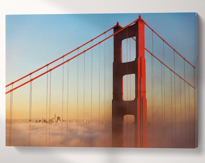 Golden Gate With San Francisco Skyline Canvas Wall Art Eco Leather Print Ready to Hang, Made in Italy!