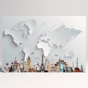Silver World Map with Monuments: 3D Vegan Leather Print