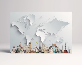 Silver World Map with Monuments: 3D Vegan Leather Print