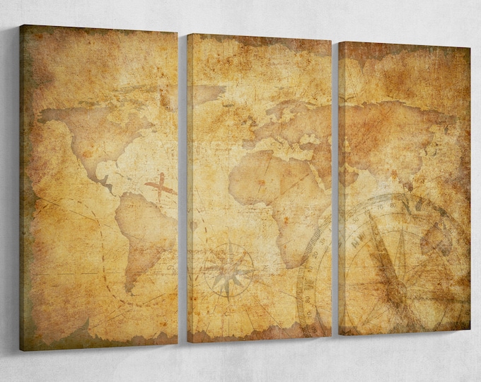 Aged Treasure Map Leather Print/Large World Map/Extra Large World Map/Wall Decor/Better than Canvas!