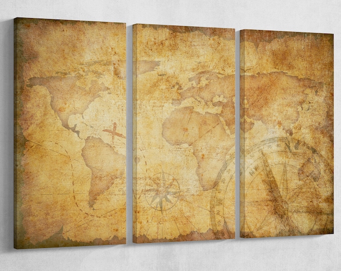 Aged Treasure Map Leather Print/Large World Map/Extra Large World Map/Wall Decor/Better than Canvas!