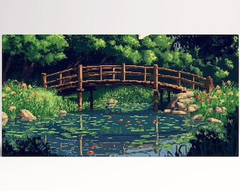 Monet Lily Pond Vegan Leather Canvas Print: Pixel Impressionism Wall Art