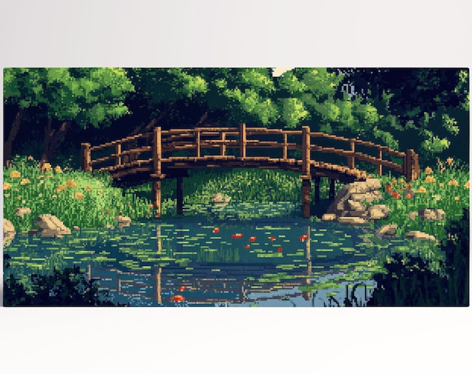 Pixel Impressionism: Monet-Inspired Bridge Over a Lily Pond Wall Art Canvas Print, Made in Italy!