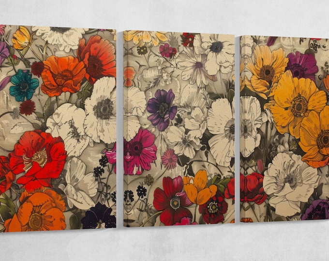 Bold Poppies and Wildflowers Vintage Print on Eco-Leather Canvas Wall Decor, Made in Italy!
