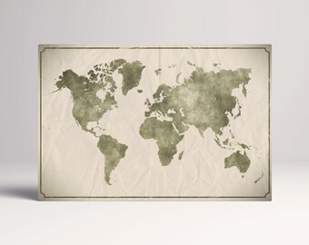 Watercolor Crumpled World Map Eco Leather Canvas Wall Art Travel Decor