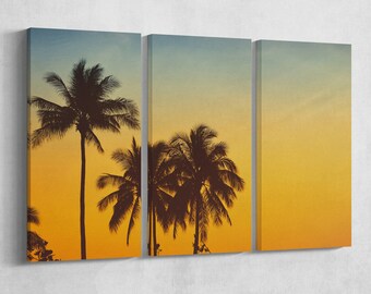 3 Panel Palm Tree at Sunset Leather Print/Large Wall Art/Large Wall Decor/Vintage Filter/Multi Panel/Made in Italy/Better than Canvas!