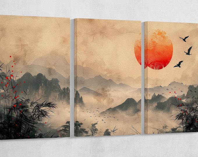 Radiant Horizon Mountain Sunrise Asian Wall Art Home Decor Gift Framed Canvas Print, Made in Italy!