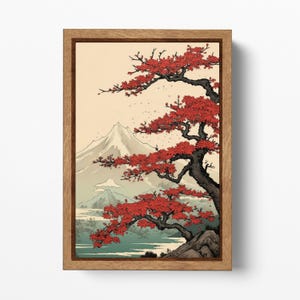 Monte Fuji Fiori Cremisi Lago Kawaguchi Stampa su Tela in Pelle Ecologica Made in Italy