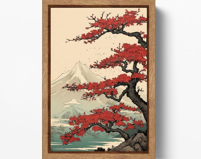 Mount Fuji Under Crimson Blossoms Lake Kawaguchi Wall Art Eco Leather Canvas Wall Decor Print, Made in Italy!