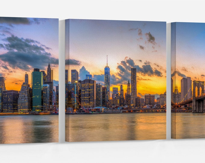 Brooklyn Bridge and downtown New York City at sunset leather print/Large wall art/Large New York print/Made in Italy/Better than canvas!