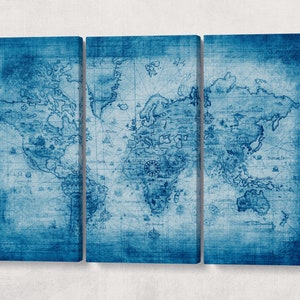 Blue Ancient World Map Leather Print/Large Wall Art/LArge Wall Decor/Extra Large World Map/Multi Panel World Map/Better than Canvas!