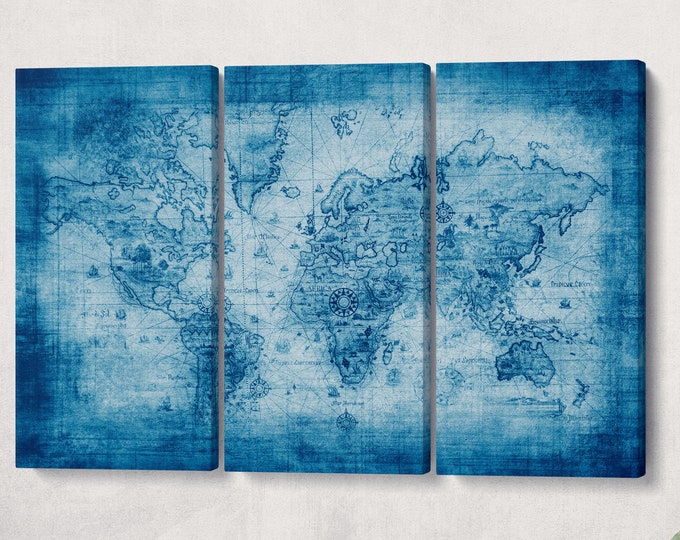 Blue Ancient World Map Leather Print/Large Wall Art/LArge Wall Decor/Extra Large World Map/Multi Panel World Map/Better than Canvas!