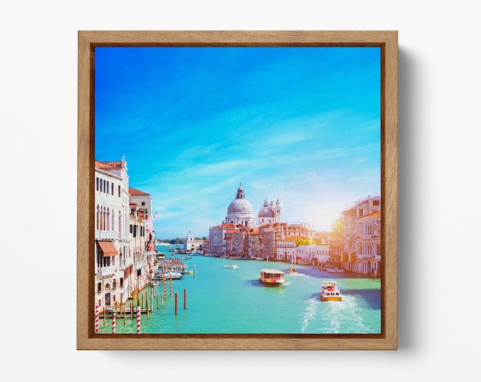 Venice Grand Canal Wall Decor Framed Canvas Eco Leather Print, Made in Italy!