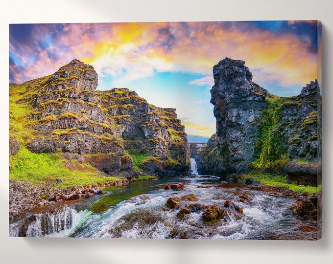 Kolufossar waterfall, Vestur-Hunavatnssysla, Iceland Wall Art Canvas Leather Print