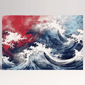 Onde Rosse e Blu Arte Mare Ispirata al Giappone Decorazione da Parete Stampa Tessuto Ecopelle, Made in Italy!