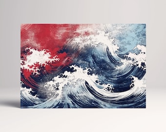 Japanese Wave Art: Red & Blue Ocean Vegan Leather Print