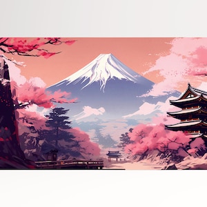 Monte Fuji Maestoso Illustrazione Artistica in Rosa Stampa da Arredo su Tessuto Ecopelle Made in Italy
