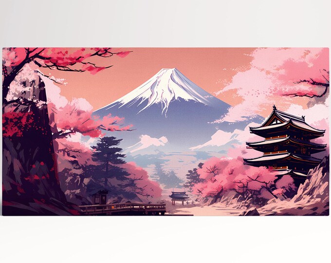 Majestic Mount Fuji Art Illustration in Pink Eco Leather Canvas Wall Decor Print, Made in Italy!