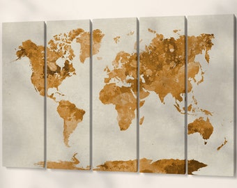 Colored World Map PETA Approved Eco Leather Canvas 5 Panes Wall Art