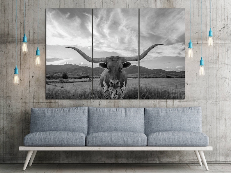 May include: A black and white photograph of a longhorn steer with large horns standing in a field. The steer is looking directly at the camera. The background is a field with mountains in the distance.