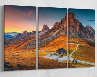 Alpine Pass Dolomites Italy Mountains Wall Art Canvas Eco Leather Print, Made in Italy!
