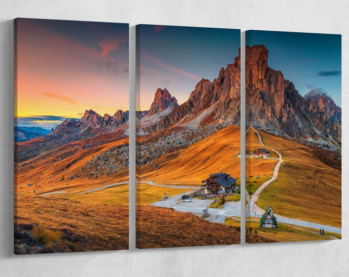 Alpine Pass Dolomites Italy Mountains Wall Art Canvas Eco Leather Print, Made in Italy!