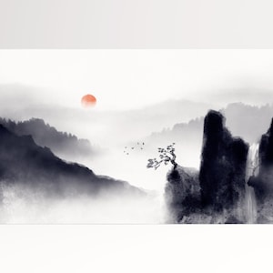 Oriental Art Mountain Landscape Black And White Red Sun Wall Art Framed Canvas Print, Made in Italy!