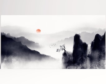 Oriental Mountain Landscape Framed Canvas Print, Black and White Red Sun, Made in Italy
