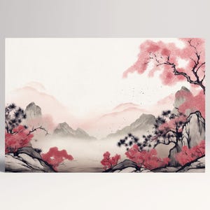 Sakura Nella Nebbia Arte Paesaggio Giapponese in Toni Rosa Canvas Stampa su Tessuto Ecopelle, Made in Italy!