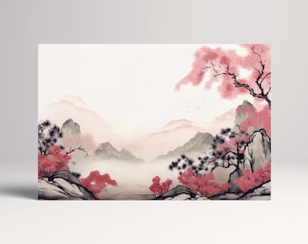 Sakura Mist Japanese Mountain Eco Leather Wall Art Gift Idea