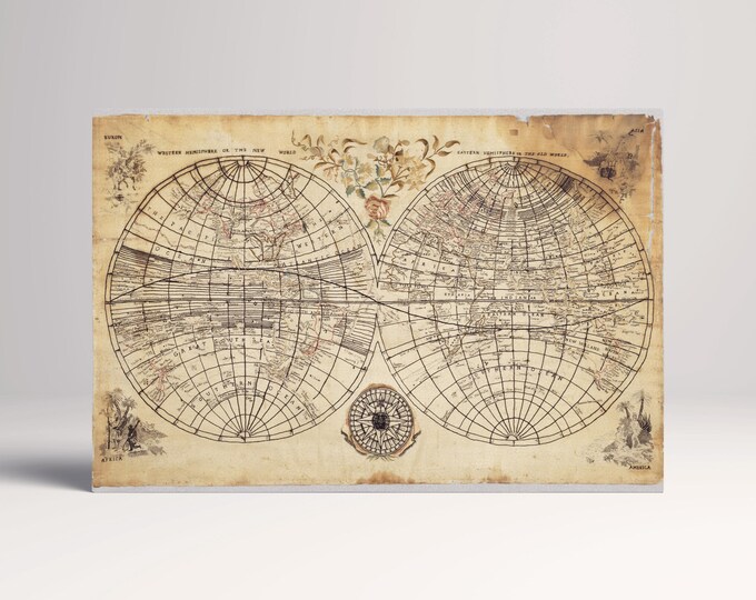 Antique Double-Hemisphere World Map Vintage Canvas Wall Art Eco Leather Print