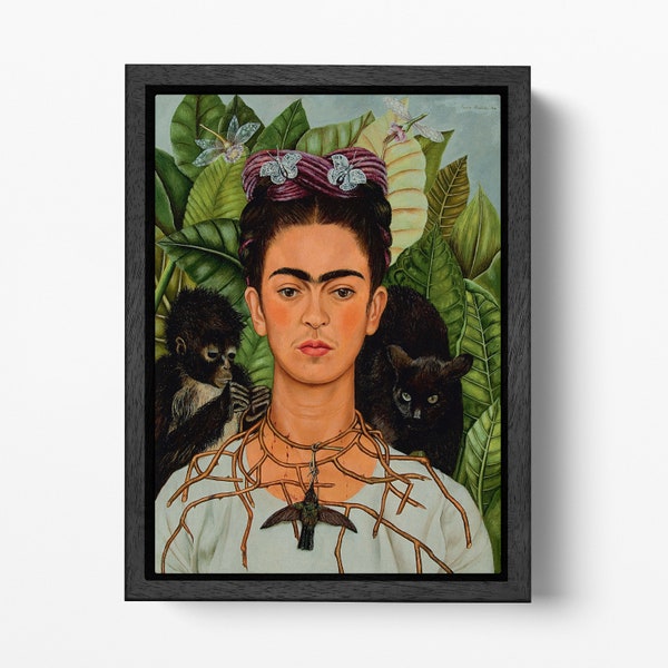 Frida Kahlo Blätter und Blumen Selbstporträt Reproduktion Leinwand Öko-Leder Druck, Made in Italy!