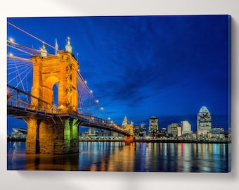 Cincinnati Skyline Roebling Bridge Art at Twilight Wall Art Vegan Leather Canvas Print