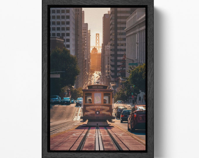 Iconic Cable Car San Francisco Sunset Canvas Wall Art Home Decor Eco Leather Print, Made in Italy!