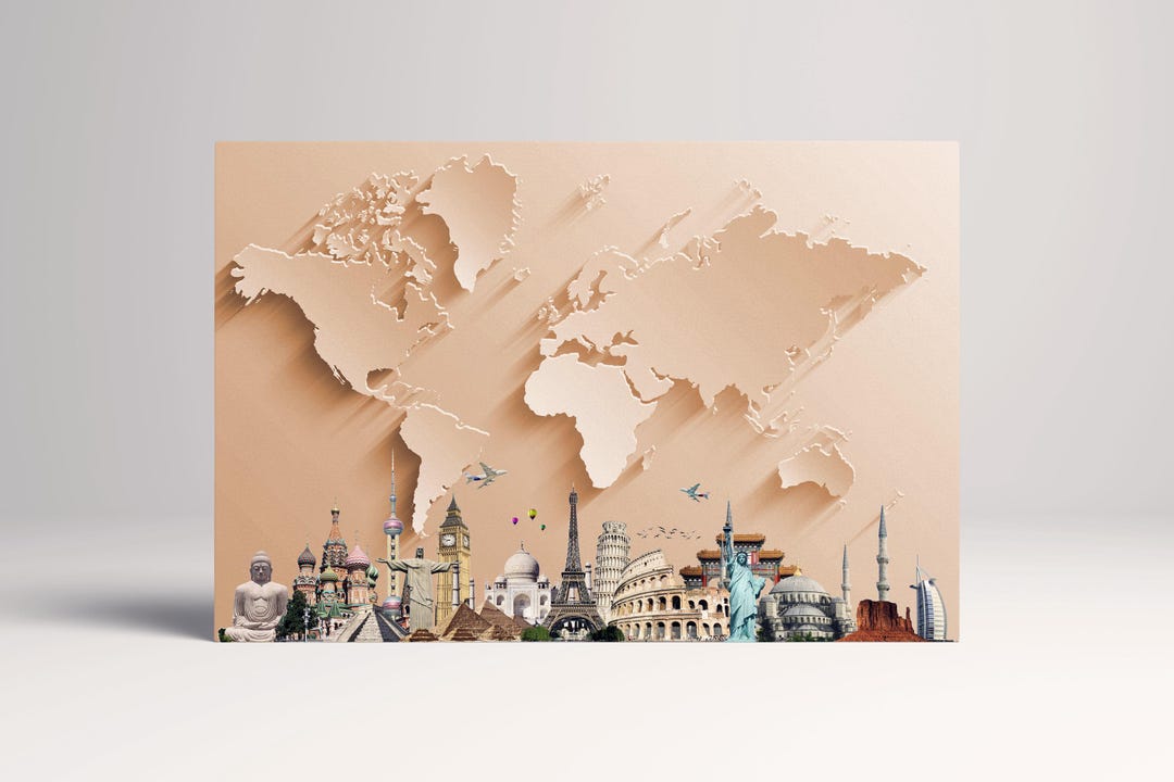 Bronze World Map: 3D Monuments Vegan Leather Print - Etsy
