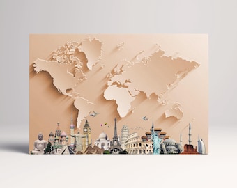 Bronze World Map: 3D Monuments Vegan Leather Print
