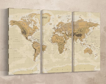 Vintage World Map Push Pin Board: Sepia Vegan Leather Wall Art