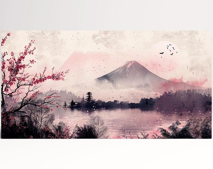 Whispers of Fuji Sakura Dream Canvas Wall Art Framed Print on Eco Leather, Made in Italy!