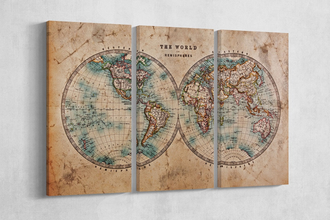 Large World Map World in Hemispheres Leather Print/vintage World Map ...