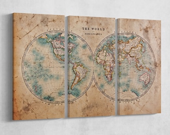 Hemispheres World Map Leather Print: Vintage Style Wall Art