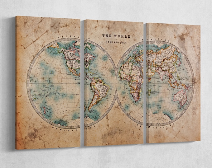 Large World Map World in Hemispheres Leather Print/Vintage World Map/Wall art/Large World Map/Wall decor/Made in Italy/Better than Canvas!