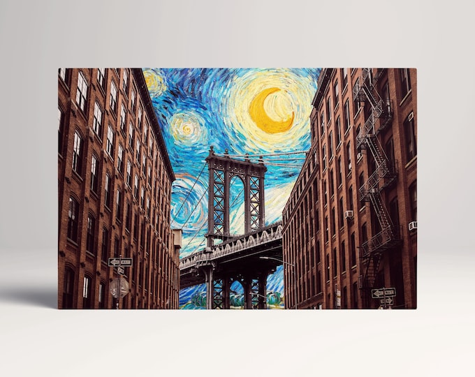 Featured listing image: DUMBO Brooklyn Wall Art Manhattan Bridge Starry Sky Print on PETA Approved Eco Leather
