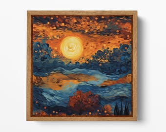 Van Gogh Style Fiery Twilight PETA Approved Eco Leather Square Framed Wall Art