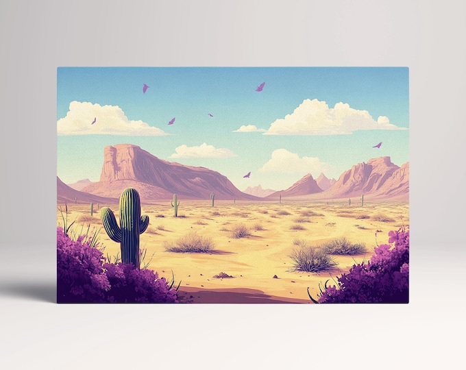 Southwest Desert Purple Flowers Cartoon Scene Wall Art Eco Leather Home Decor Canvas Print, Made in Italy!