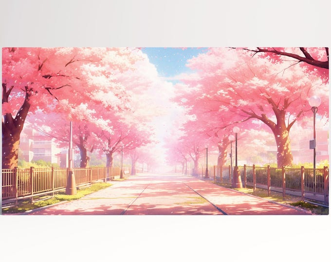 Tranquil Sakura Street in Bloom, Anime Wall Art Canvas Wall Art Framed Print on Eco Leather